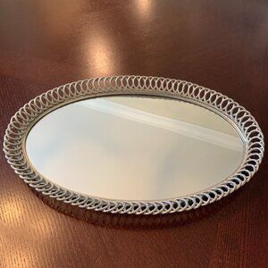 Vintage Art Deco Style Engraved Silver Toned Oval Mirrored Vanity/Dresser Tray